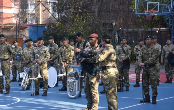The Band of the Brigade of Gurkhas performs in the British School in Kathmandu