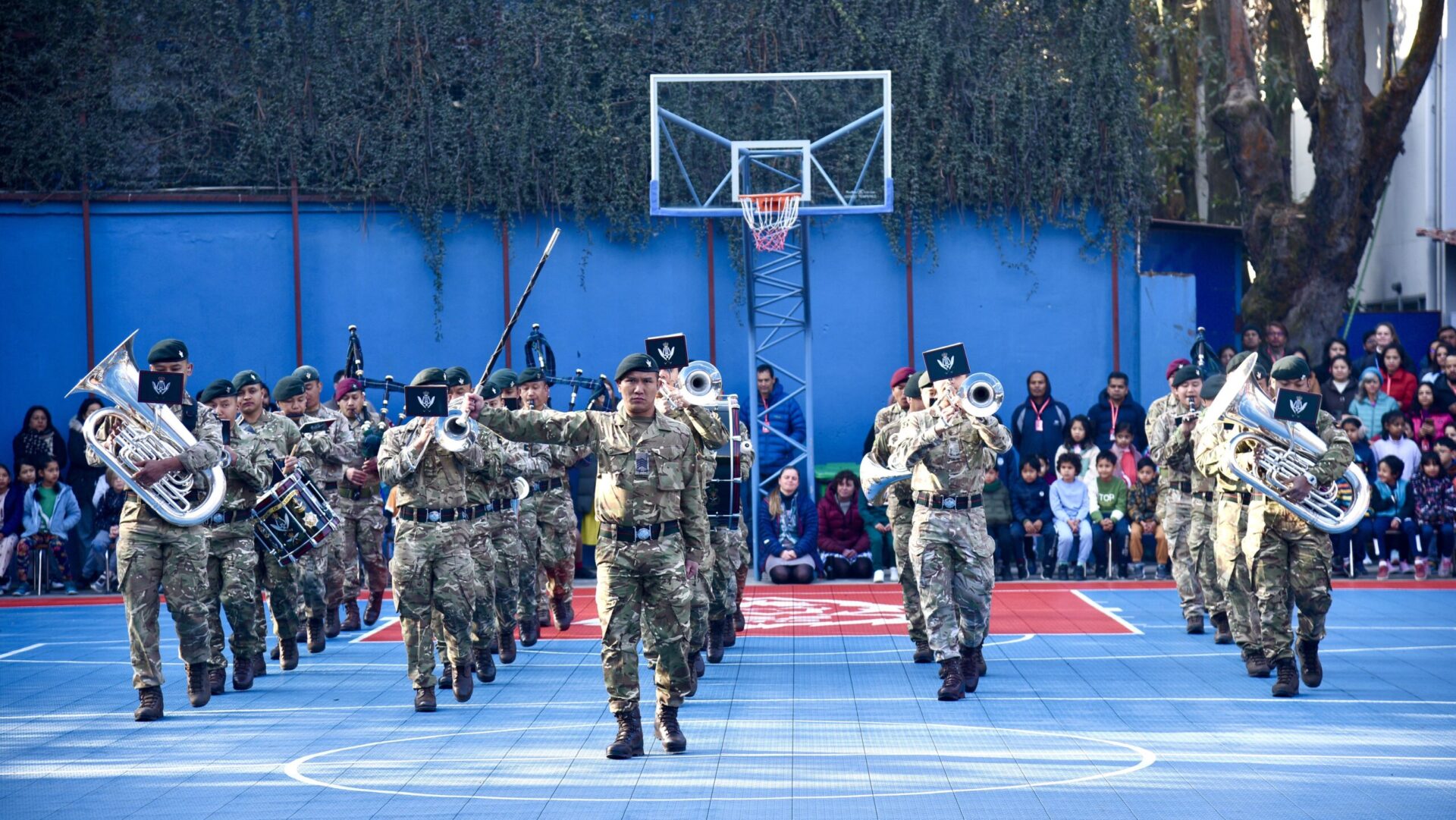 The Band of the Brigade of Gurkhas performs in the British School in Kathmandu