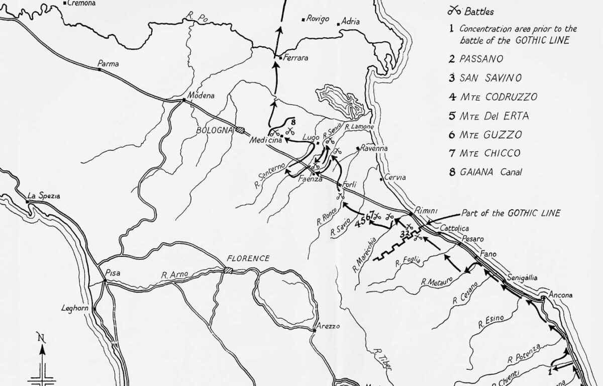 Sketch map illustrating the advance of the 2nd battalion through Italy.