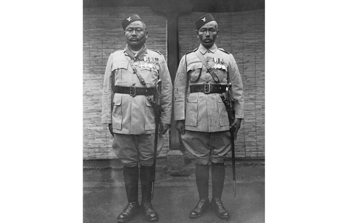 Regimental represetatives at the 1914-18 War Victory March in London. Subedar Major and Hon Capt Pun Sirdar Bahadur OBE BME 2bd Battalion and Subedar Major Dhanbahadur Gurung 1st Battalion