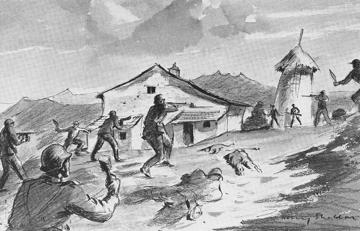 The Battle for Monte Chicco, from a painting by harry Sheldon