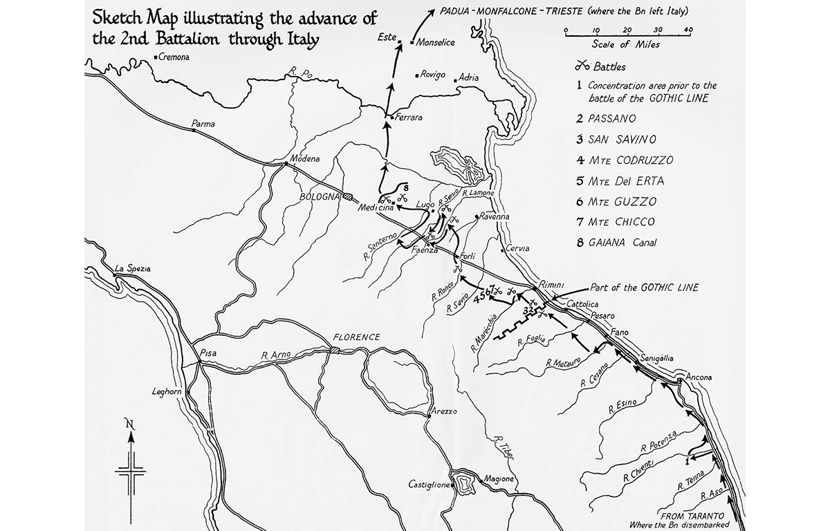 Sketch Map of advance of 2nd Battalion through Italy