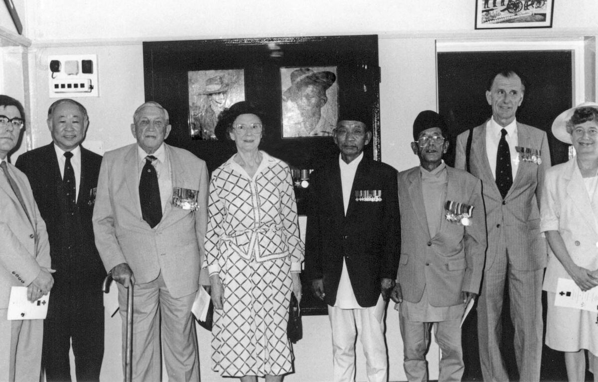 Allamnd VC Presentation guests Prof C Alland (brother), mr Maximo Cheng (Ex 77 Bde Int Sect), Brig M Calvett DSO and Bar, mrs M Murpjhy (Sister), Hon Lt Tulbahadur Pun VC, Maj (QGO) Khumbahadur Burathoki, ma P Griffin, Mrs Allmand.