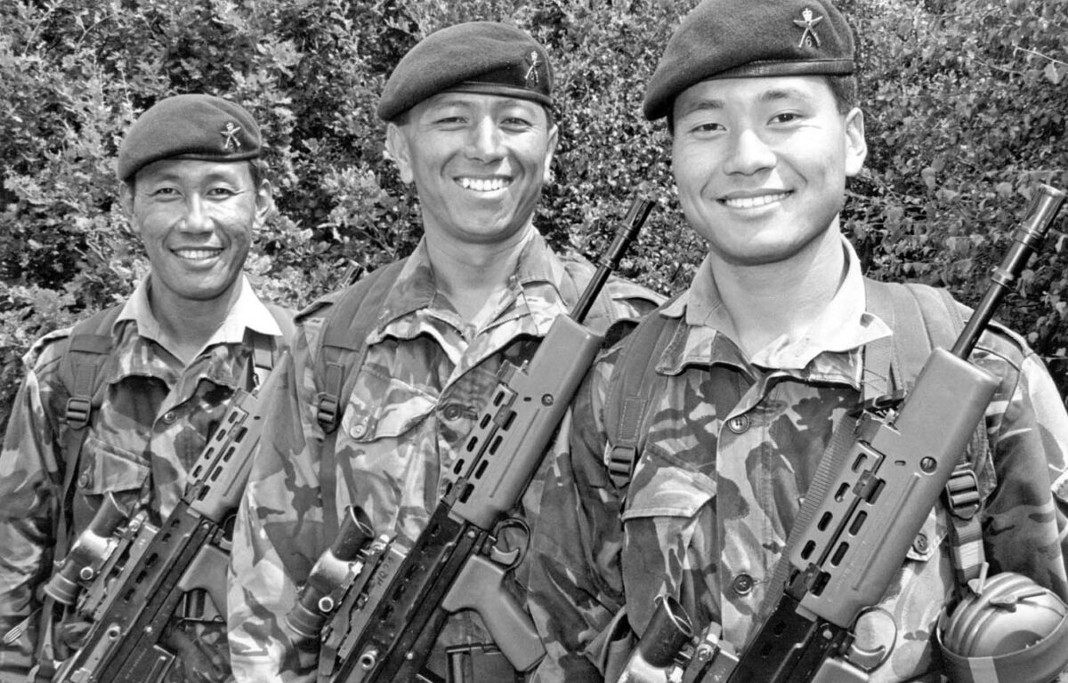The Three Queens Medallists in 1983. Lt (QGO) Dharmendra Gurung, WO2 Khushiman Gurung and Rfn Lalitbahadur Gurung.