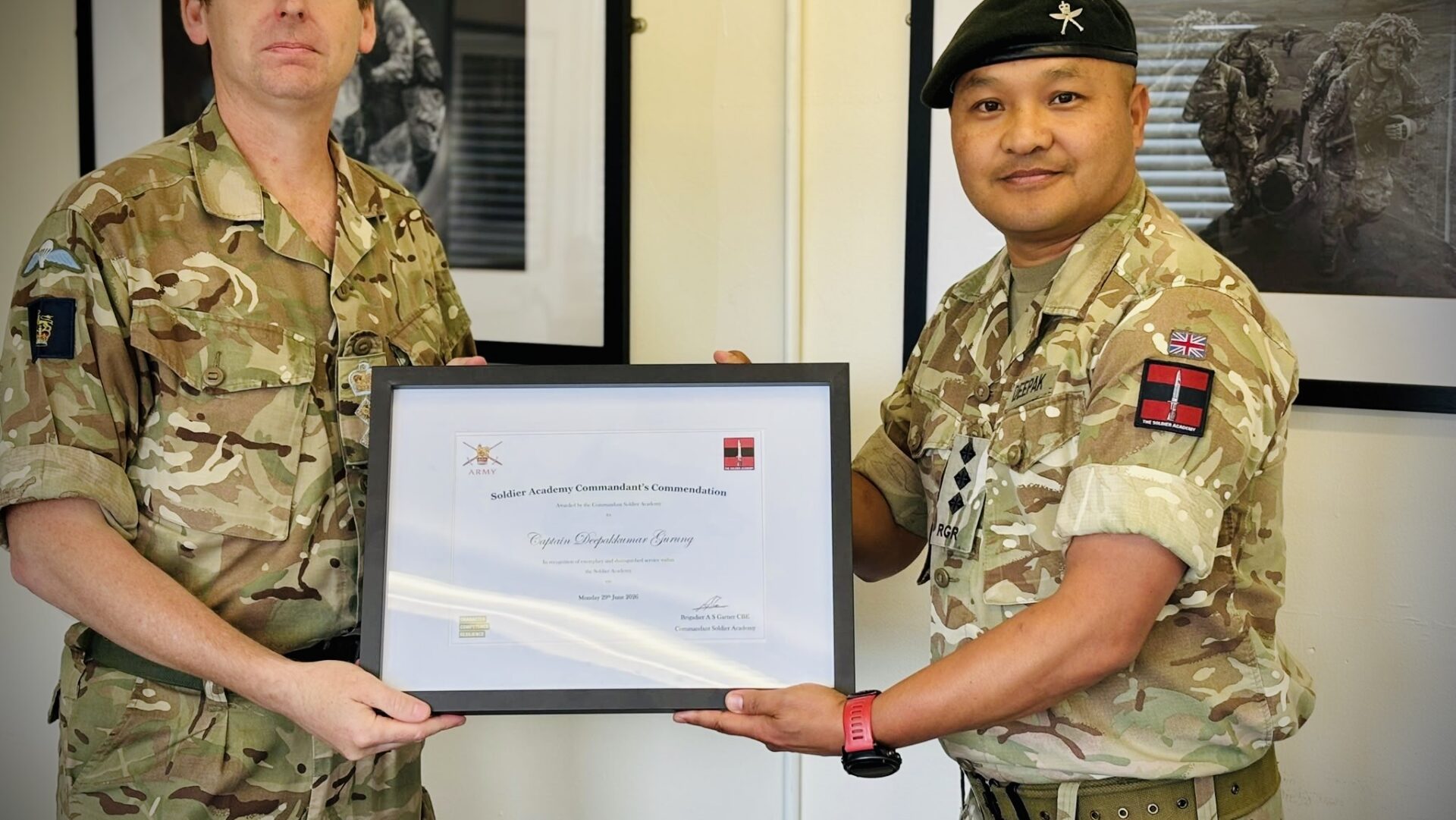 Captain Deepakkumar Gurung - Commandant Soldier Academy Commendation